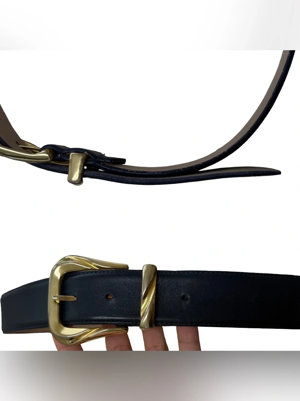 Vintage Navy Blue Faux Leather Gold Buckle Belt